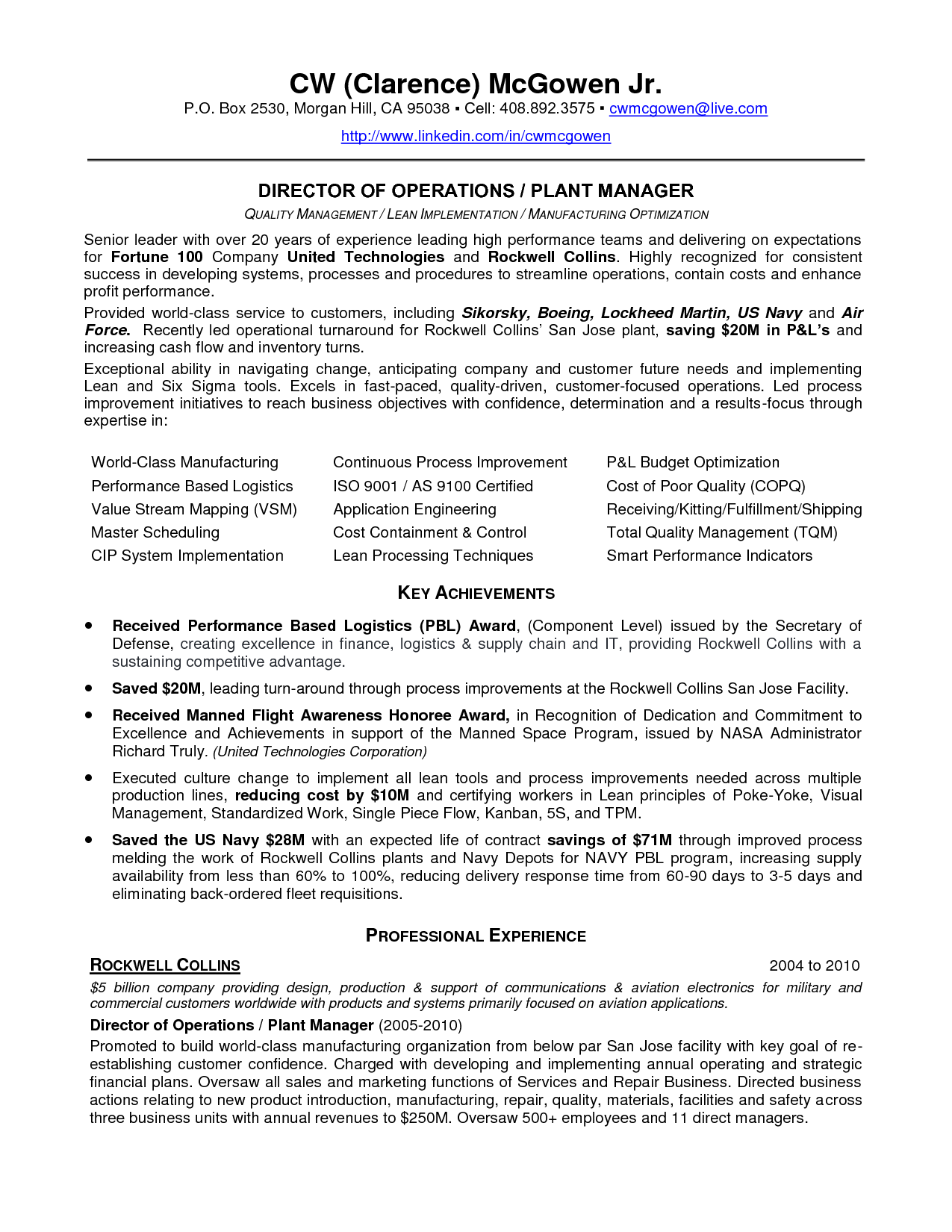 factory manager resume