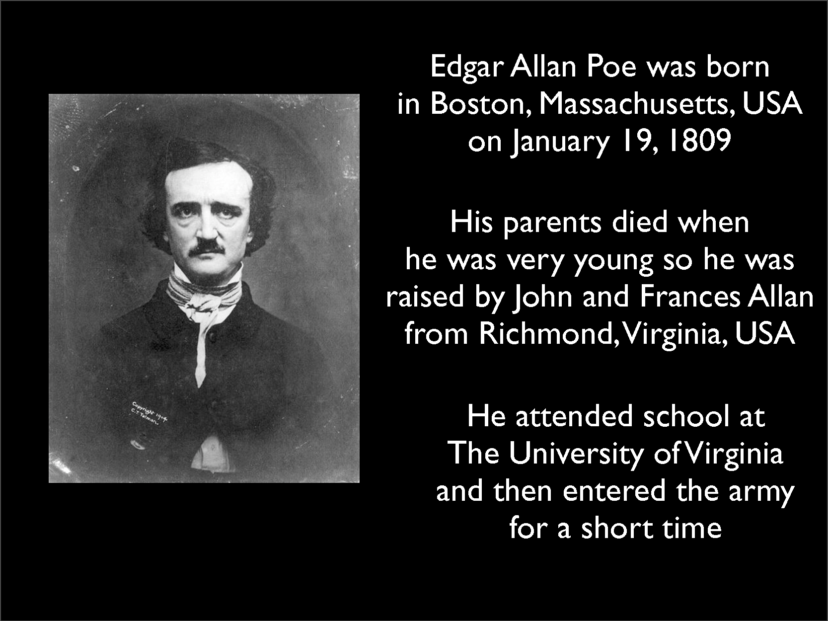 biography of edgar allen poe essay Check out a free essay example about edgar allan poe's life from a writer biography and the writer’s path of alan poe edgar poe was one of the three. biography of edgar allen poe essay Check out a free essay example about edgar allan poe's life from a writer biography and the writer’s path of alan poe edgar poe was one of the three.