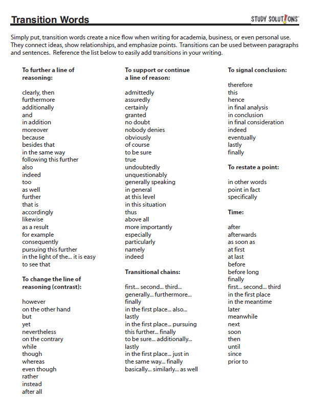 Advanced Transition Words For Essays