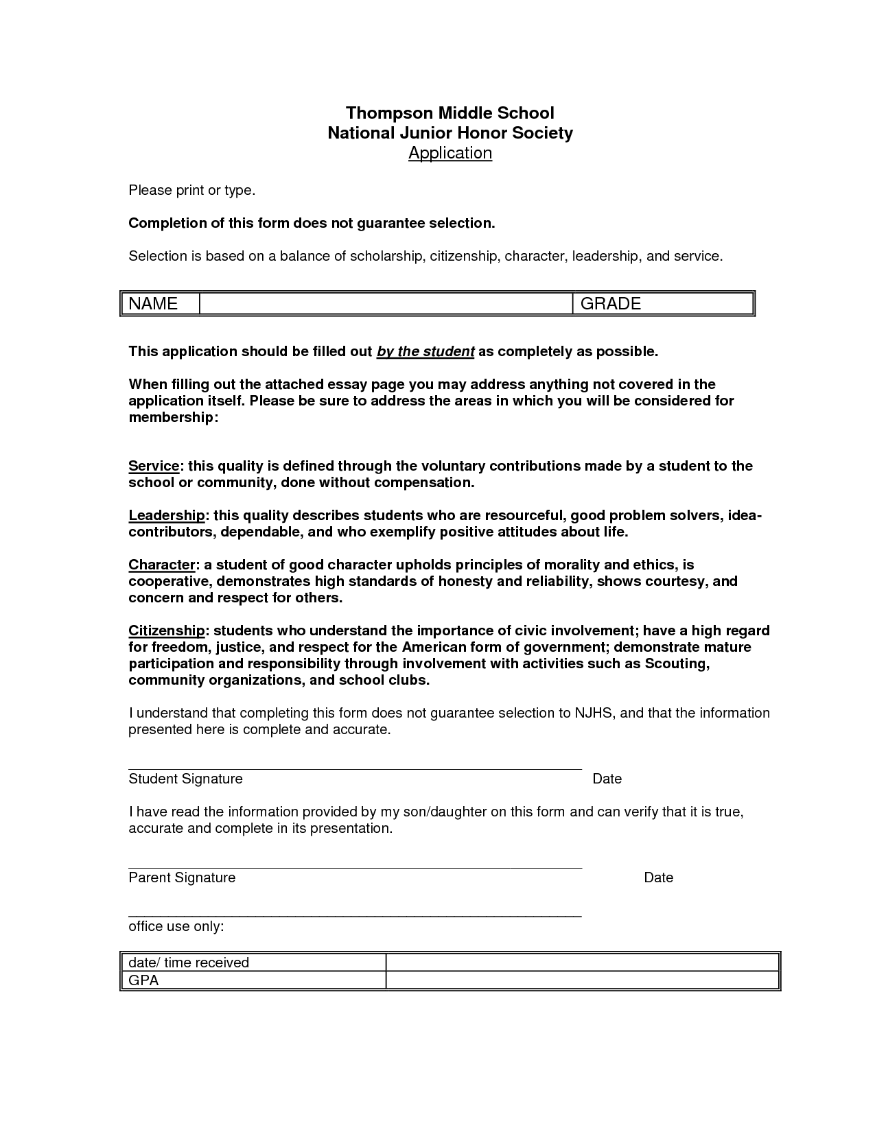 National Junior Honor Society Application Essay Sample