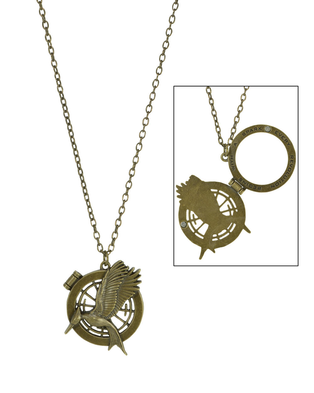 Hunger Games CATCHING FIRE Mockingjacy Logo District 12 Necklace W/ Secret Quote 