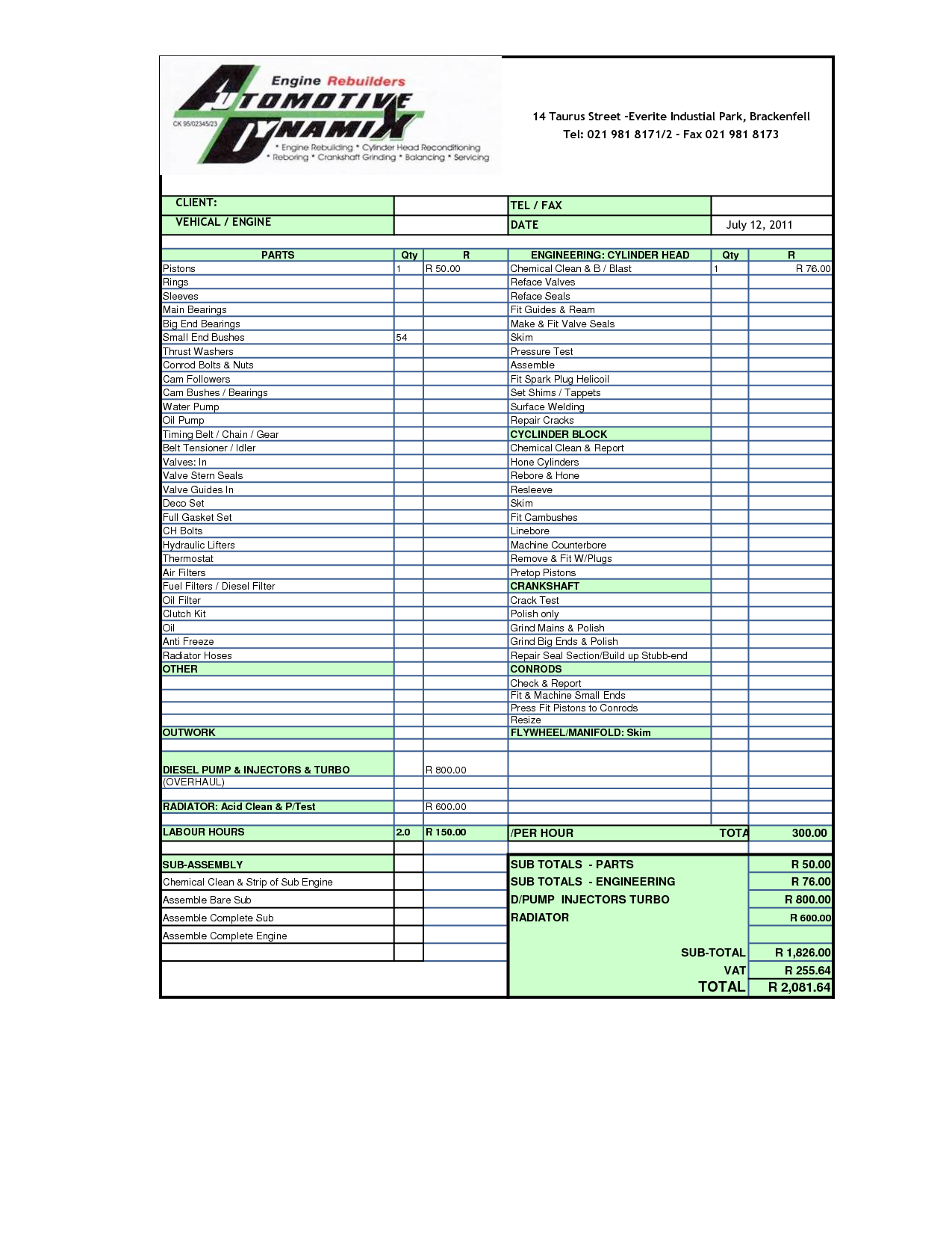 Sample Quotation For Car Repair