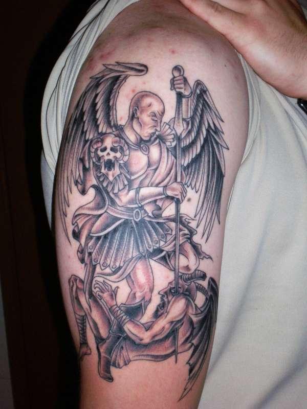 Devil With Angel Wings Tattoo On Left Half Sleeve