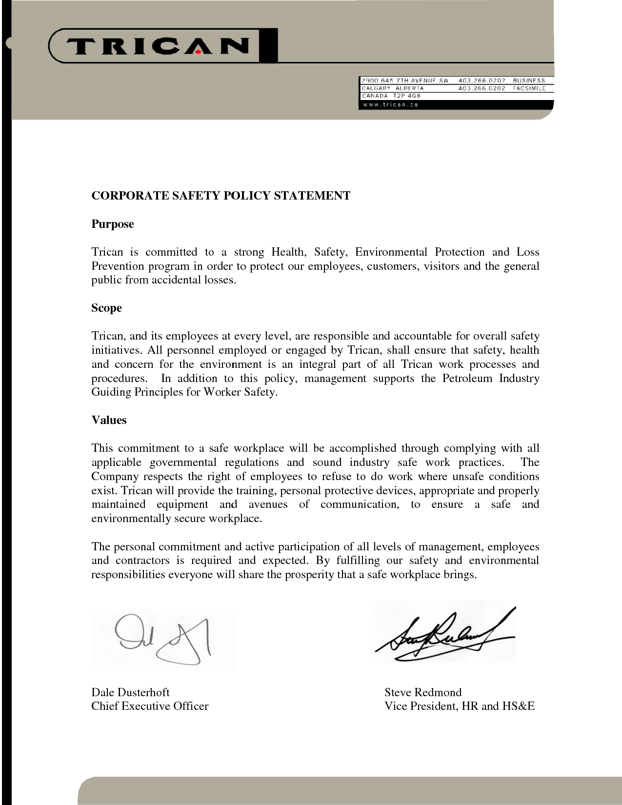 management safety commitment letter