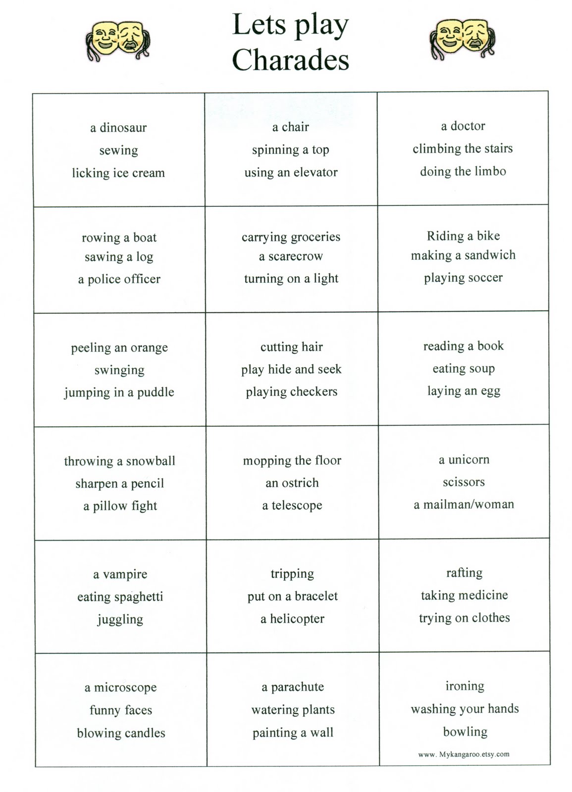 Printable Charades List