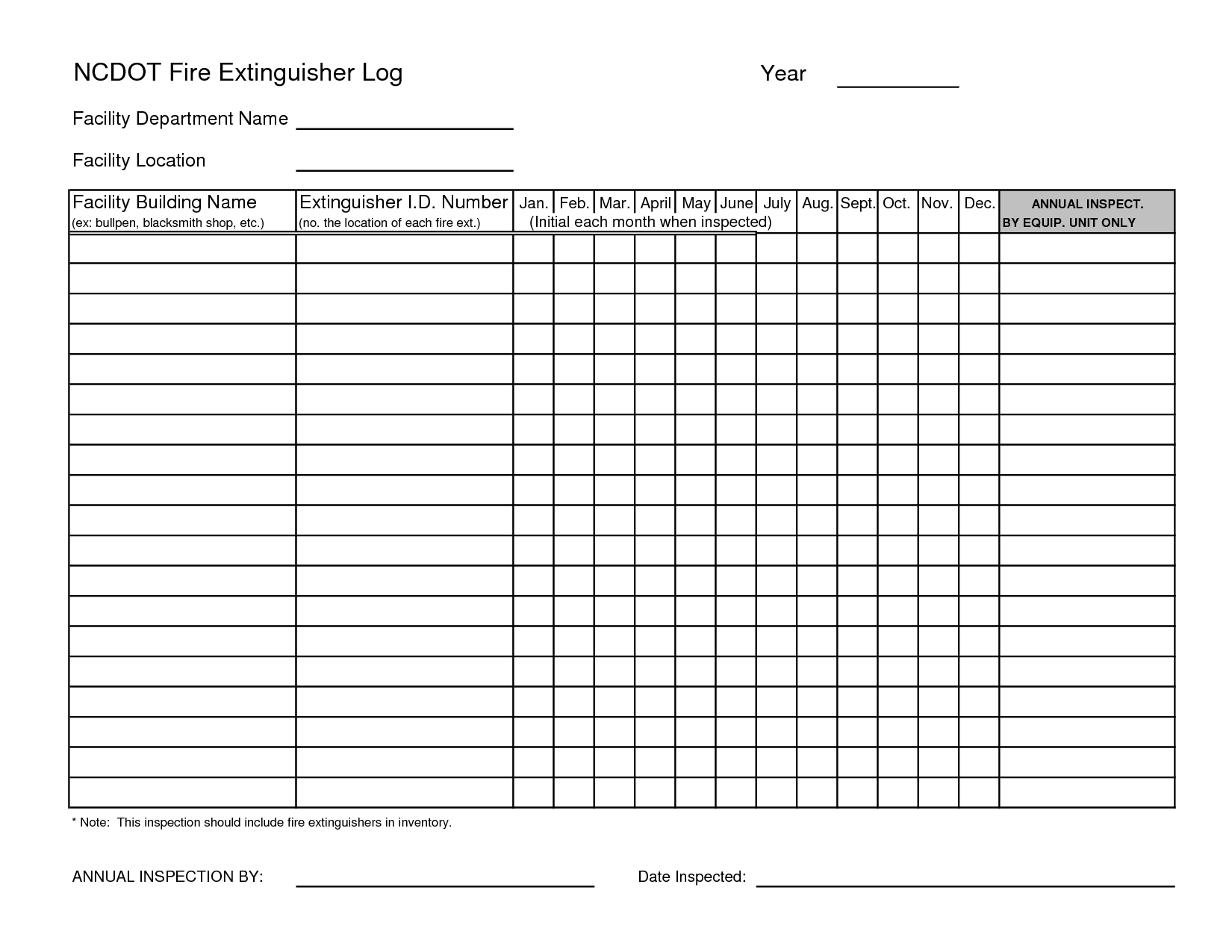 Fire Extinguisher Inspection Log Printable Monthly Fire Extinguisher