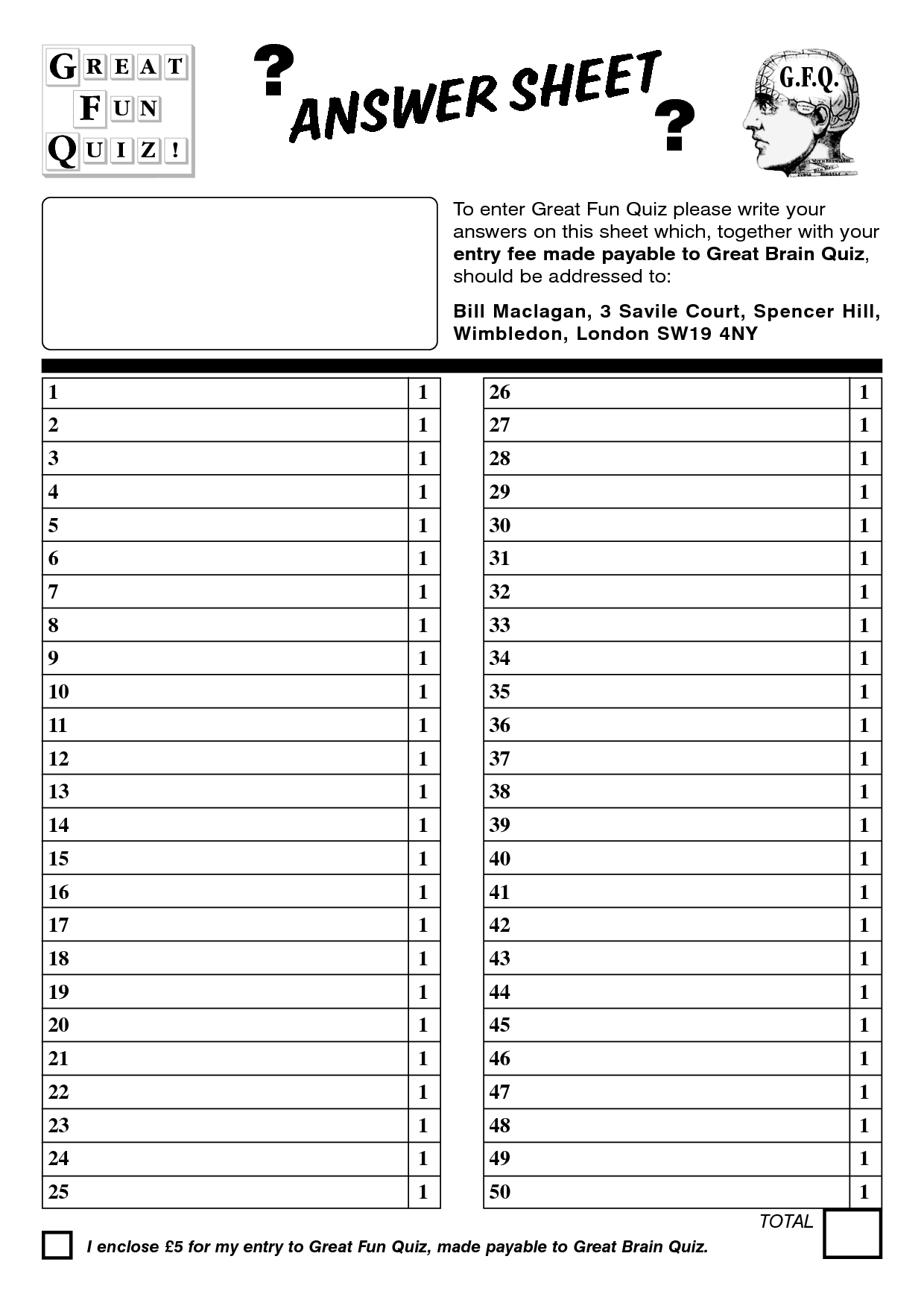 Free Printable Answer Sheets