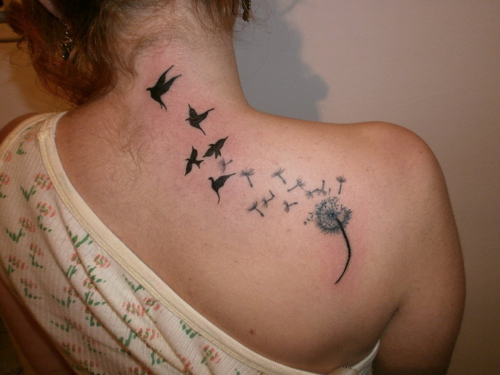 Dandelion Puff and Bird Tattoo Design