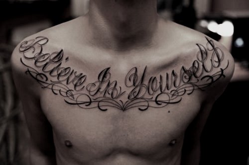 Believe In Yourself Winged Diamond Crown Tattoo On Chest