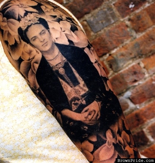 Fine line Frida Kahlo tattoo on the inner forearm