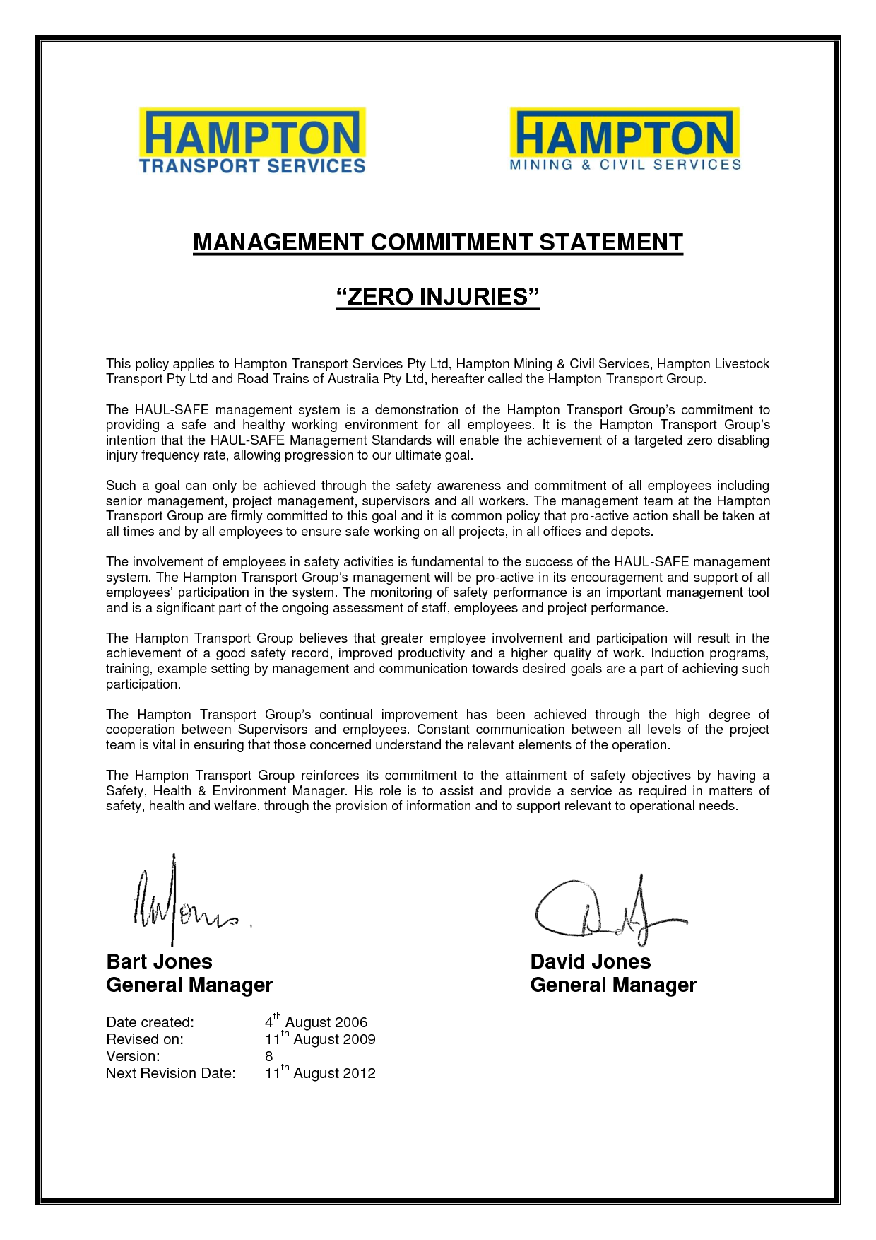 management safety commitment letter