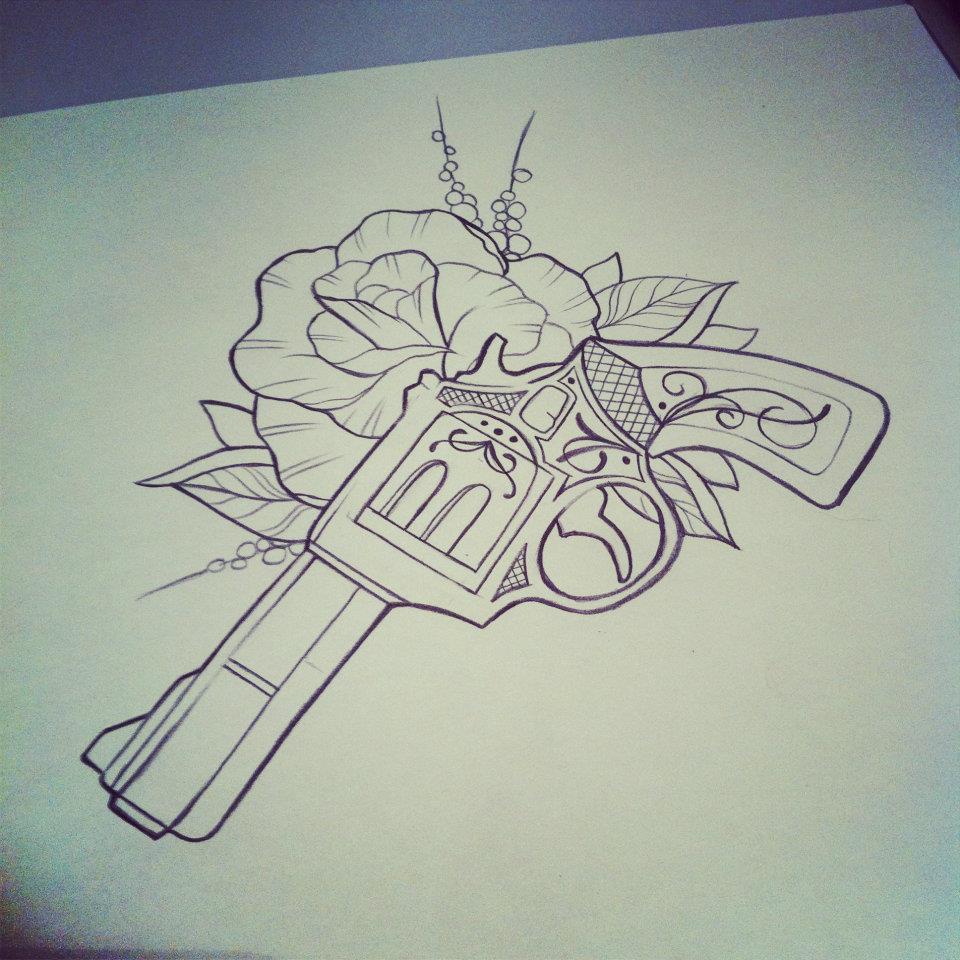 Tattoo with revolver and roses Tattoo revolver and rose flowers with love  banner vector illustration  CanStock
