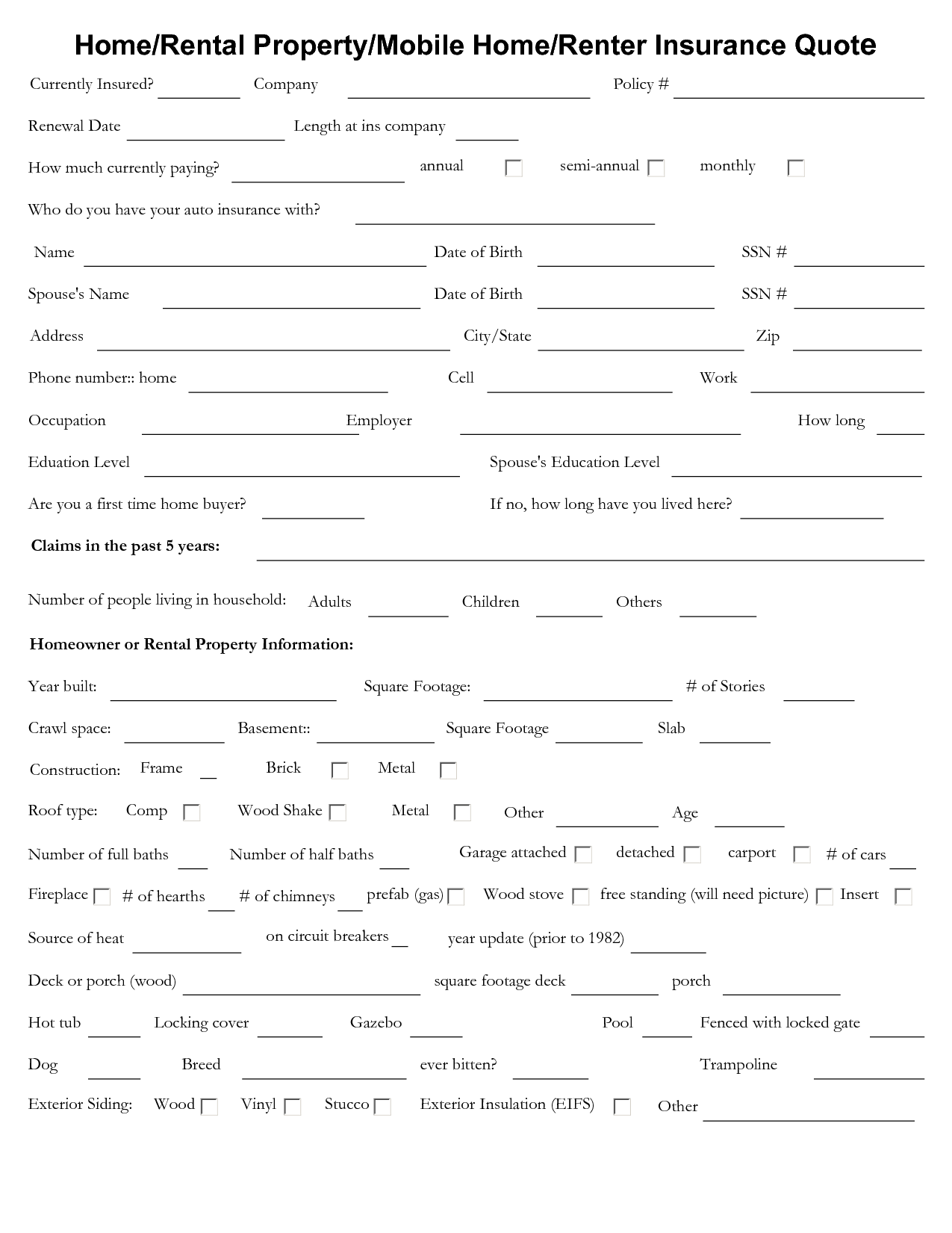 Homeowners Insurance Quote Form Pdf