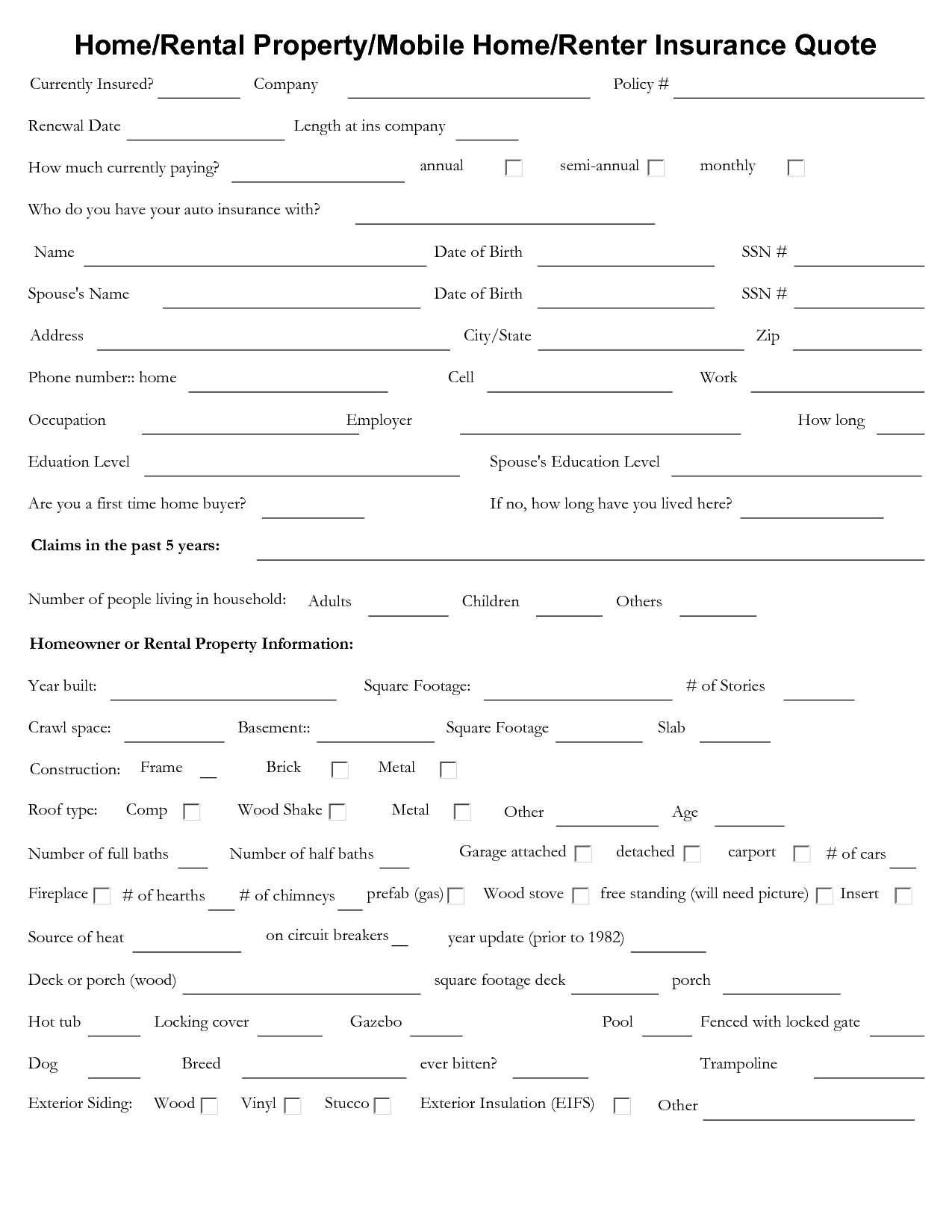  Homeowners  Insurance  Quote  Form  Pdf