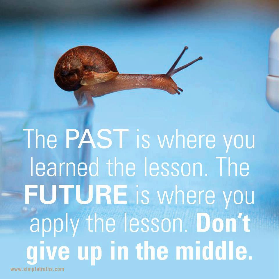 The past is where you learned the lesson. The future is where you apply the  lesson. Don't give up in the middle! - Quotes