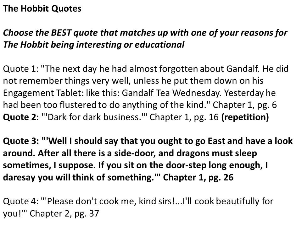 hobbit essay questions Free essay: the hobbit i information about the book a the title of my book is “the hobbit” the book is about a hobbit and 13 dwarves this hobbit’s name. hobbit essay questions Free essay: the hobbit i information about the book a the title of my book is “the hobbit” the book is about a hobbit and 13 dwarves this hobbit’s name.