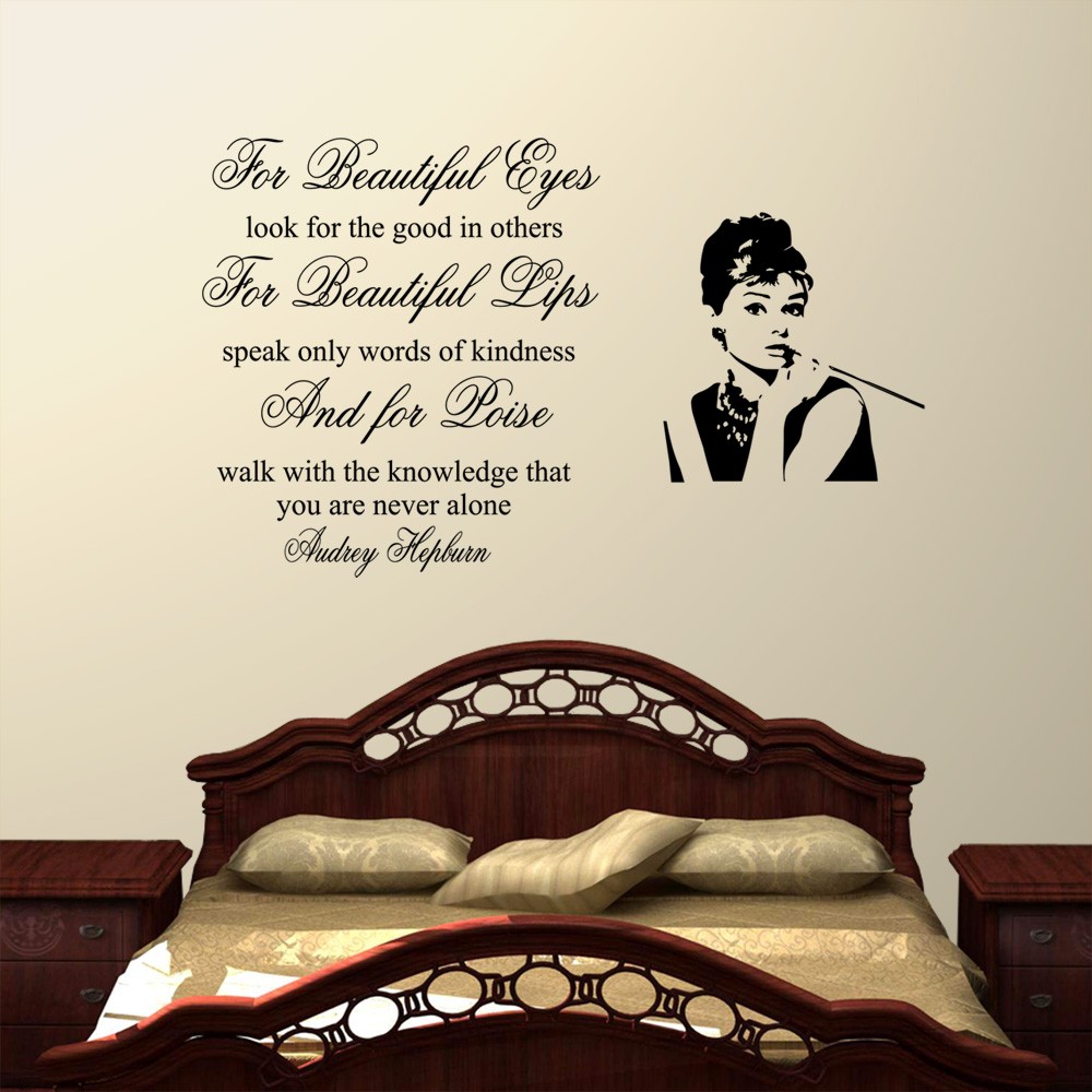 755945075 bedroom wall art quotes for beauiful eyes   audrey hepburn wall decal sticker quote lounge