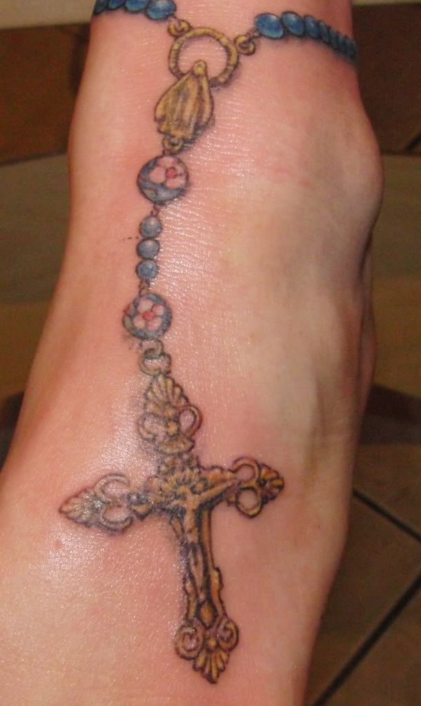 Rosary Cross Tattoo On Girl Right Foot