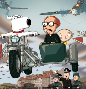 Brian, Stewie and Mort flee the Krauts