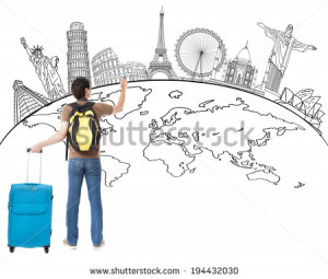 young man drawing global map and famous landmark - stock photo