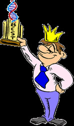 cartoon image of man proudly holding up a trophy that is topped by a ...