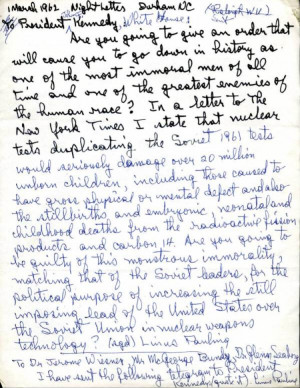 ... Pauling Letter to President Kennedy about nuclear weapons testing