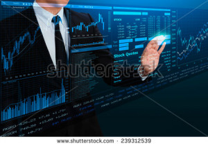 businessman trading stock by futuristic screen interface - stock photo