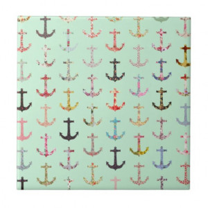 Girly Floral Nautical Anchors on Cute Mint Green Ceramic Tiles