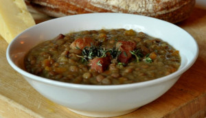 An image of rustic Pea and Bacon Soup from humblecrumble.com