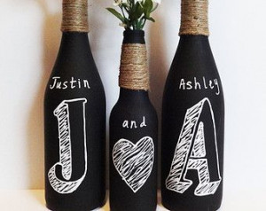 Custom Initial Chalkboard Painted Wine Bottles / Shabby Chic Wedding ...