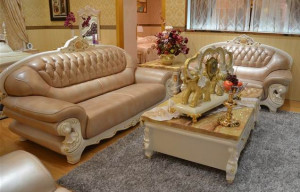 Elegant Exquisite Hand-Carving Living Room Leather Sofa with Coffee ...
