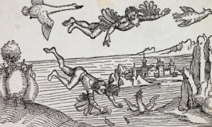 Falling to earth ... a 15th-century engraving of Icarus and his father ...