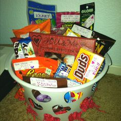 Valentine's Day basket w/ corny sayings attached to the treats ...