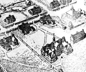 Harvard Yard (foreground) and Cambridge looking south in 1668. First ...