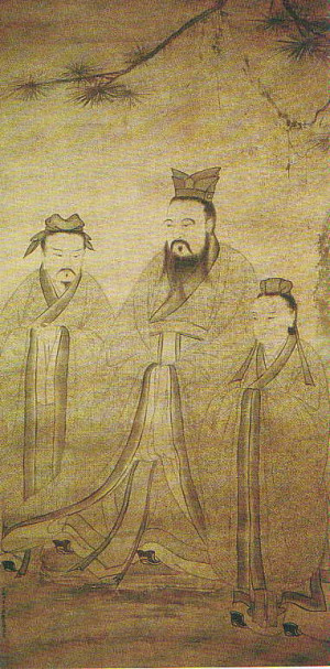 Confucius avec deux de ces disciples, Yan Hui et Zeng Schen, peinture ...