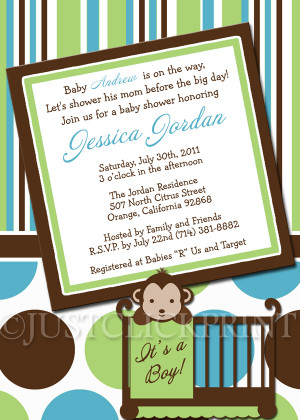 Mod Monkey Boys Green Teal Baby Shower Invitation Printable