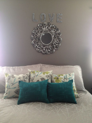 Master bedroom no headboard decor above bed turquoise teal green tan ...