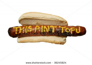 Hot Dog with words and sayings written in yellow mustard. with room ...