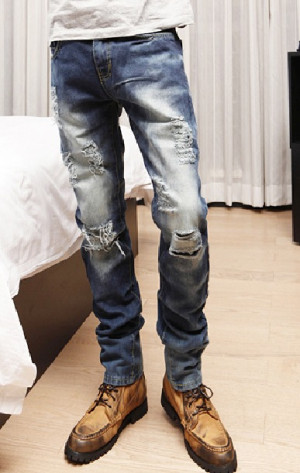 jeans for men hole desige denim blue skinny fashion korean style