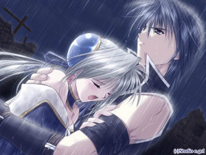 sad anime couple in the rain