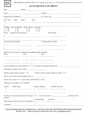 AUTO QUOTE FAX SHEET RK Insurance Agency