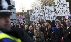Anti-fascist protesters greet speech by Marine Le Pen at Cambridge