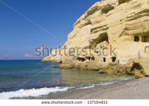 Matala Sandstone Hippy Caves On Crete By The Sea In Greece Stock