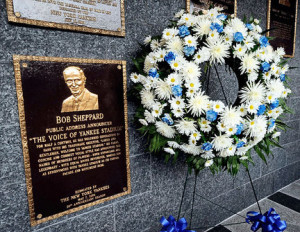AP A wreath stands next to Bob Sheppard's plaque at Yankee Stadium ...