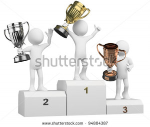 3D athletes on the podium of winners. Rendered at high resolution on a ...