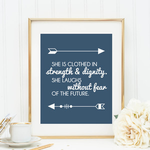 Navy Blue Strength & Dignity Print, Bible Quote Print, Bible Art ...