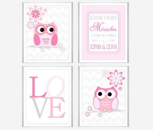Baby Girl Nursery Pink Gray Grey Miracles Twins Quotes Owls Chevron ...