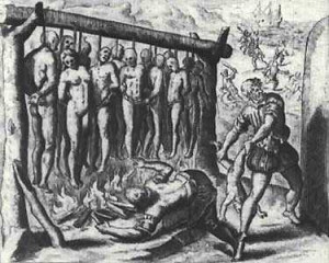 Taino people being tortured by the Spanish. Image Source
