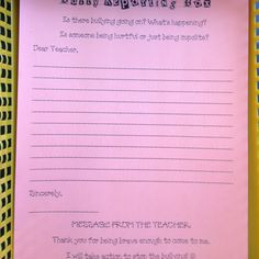 Bully Reporting Box-Letter to the teacher paper. More