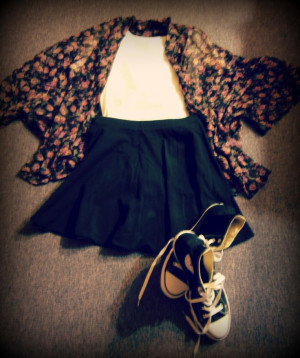 ... / White tee / Black skater skirt / High top Converse: Floral Kimono